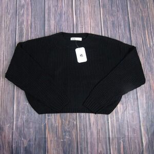 Elodie Sweater Womens XL Black Ribbed Knit Cropped Crewneck Pullover Long Sleeve